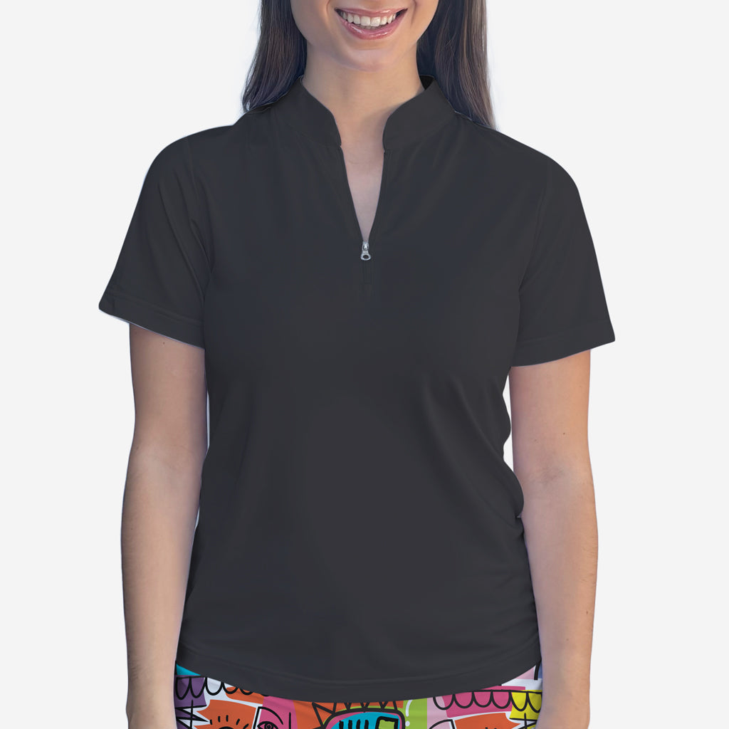 Black Polo Quarter Zip Neck Top - Shirts & Tops