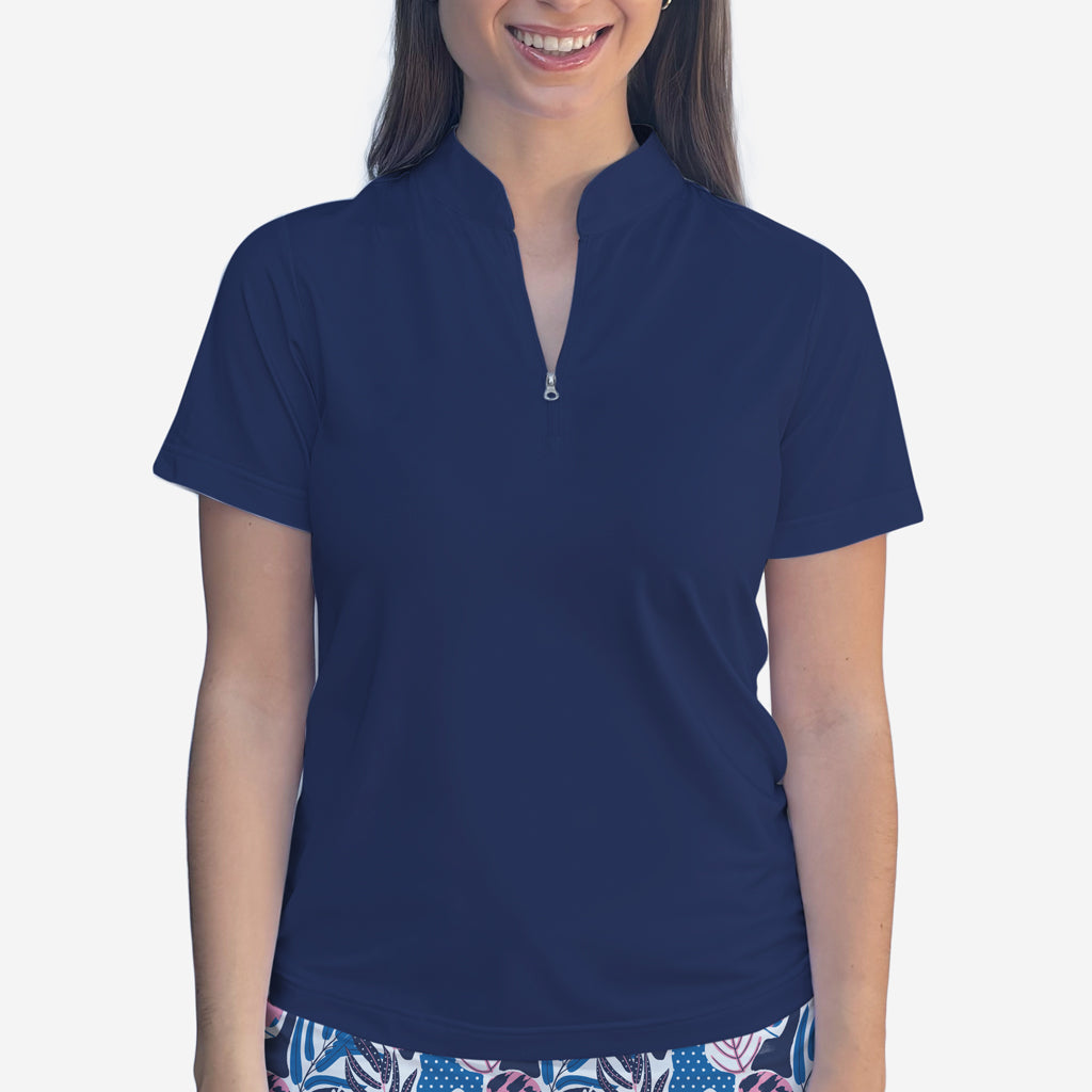 Navy Polo Quarter Zip Neck Top - Shirts & Tops