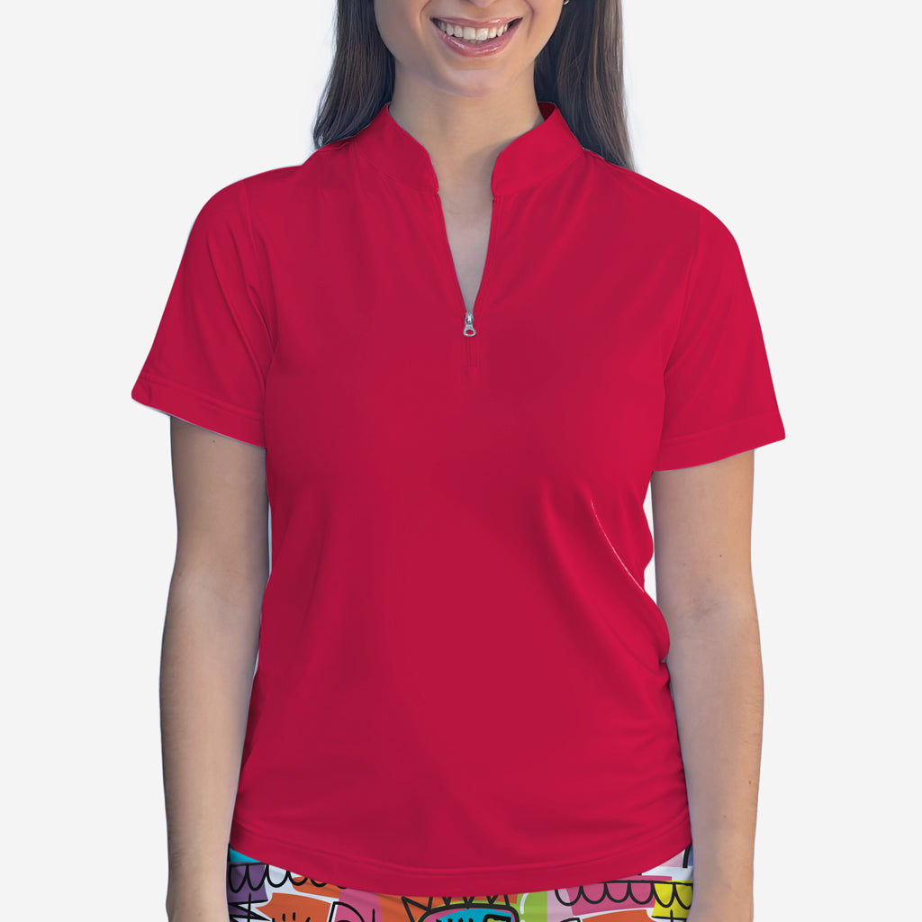 Red Polo Quarter Zip Neck Top - Shirts & Tops