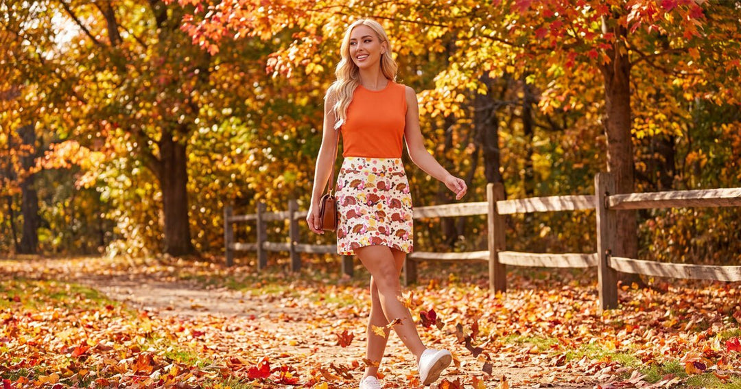 Woman wearing a Skort Obsession fall print skort for an October outing.