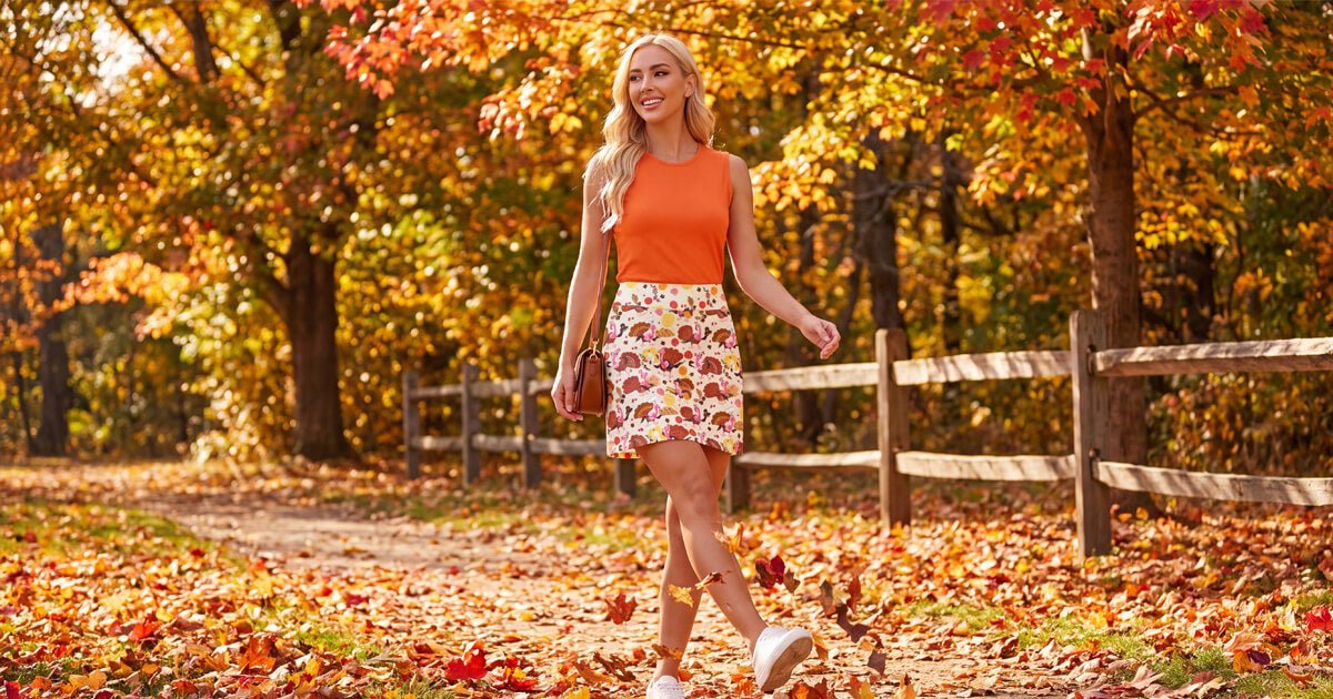 Woman wearing a Skort Obsession fall print skort for an October outing.
