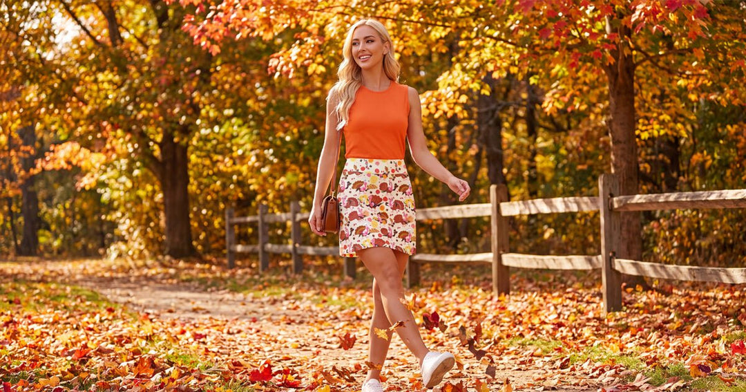 Woman wearing a Skort Obsession fall print skort for an October outing.