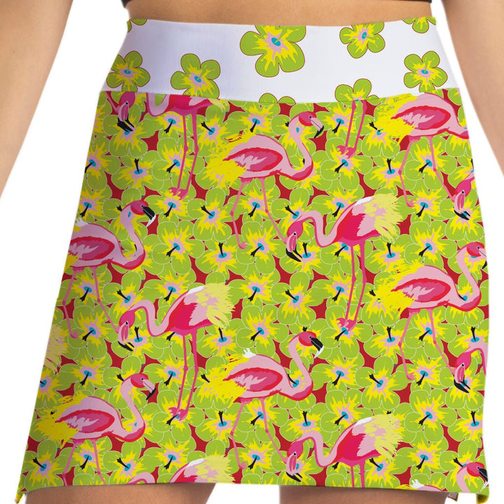 Skirt with pink flamingo and green leaf pattern on a white background