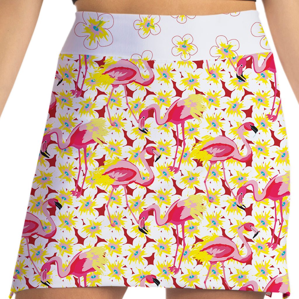 Skirt with pink flamingo and floral pattern on a white background
