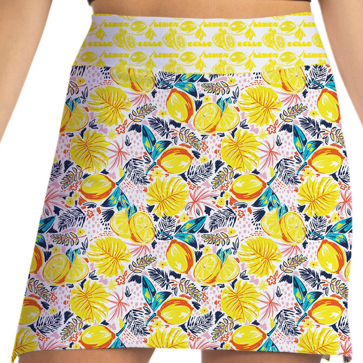 Skirt with a colorful lemon and leaf pattern on a white background