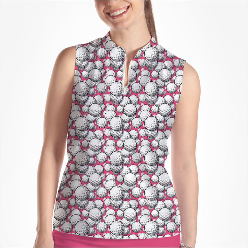 Woman wearing a sleeveless top with golf ball pattern on a white background