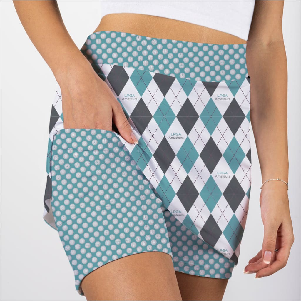 LPGA Amateurs Argyle Skort with teal and grey diamond pattern