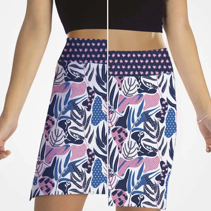 Skirt with a colorful pattern worn by a person on a white background