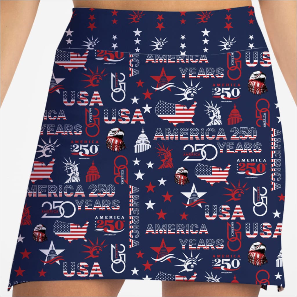 Navy blue skirt with red, white, and blue graphics and text on a white background