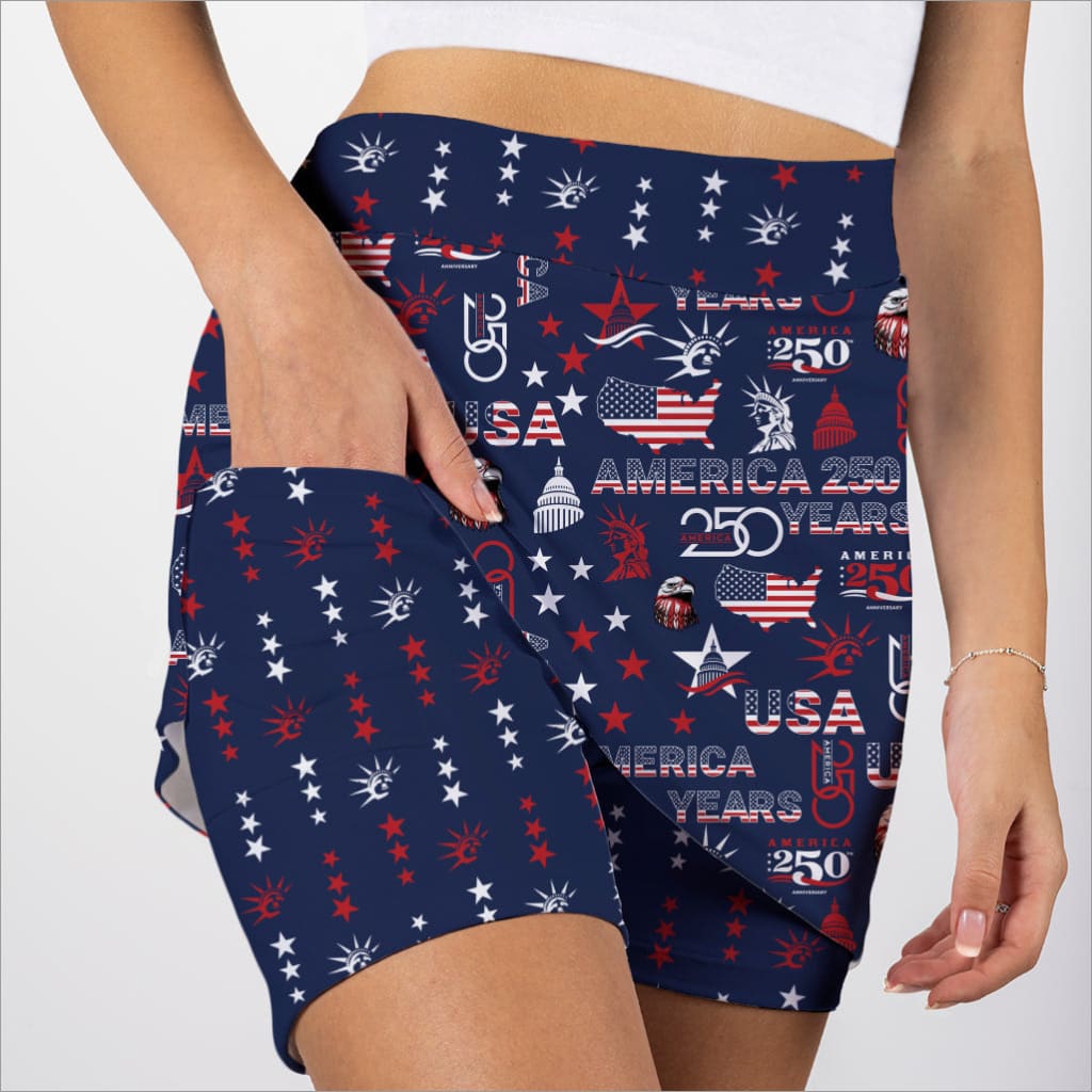 Navy skorts with red, white, and blue graphics and text on a white background